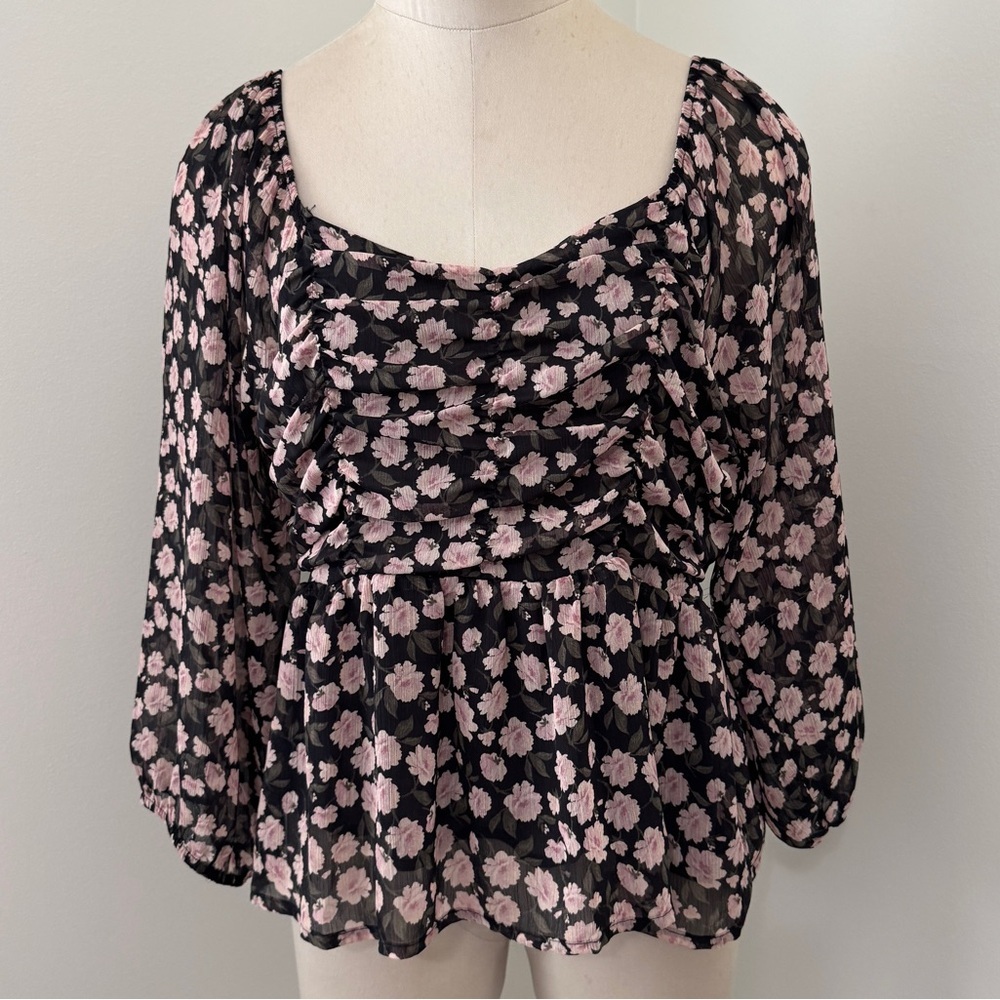 American Eagle Large Chiffon Babydoll Top Blouse ~ Y2K 90’s Peasant Boho Sheer
